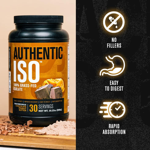 Authentic ISO Grass Fed Whey Protein Isolate Powder, Low Carb, Non-GMO, Chocolate Peanut Butter - 2LB, 30sv