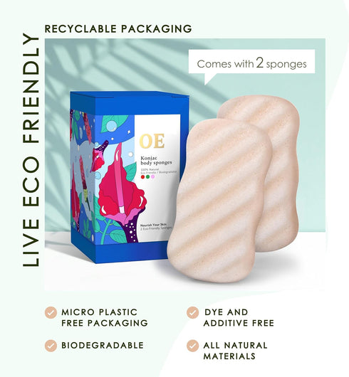 Konjac Body Sponge (2 Pack), 100% Natural & Microplastic Free, Non-Toxic, Biodegradable, Eco-Friendly Packaging