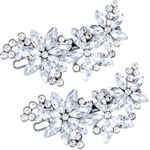 PAGOW Hair Clips, 2Pcs Crystal Flower Bridal Hair Accessories, Silver Rhinestone Hair Pins for Brides Women Girls