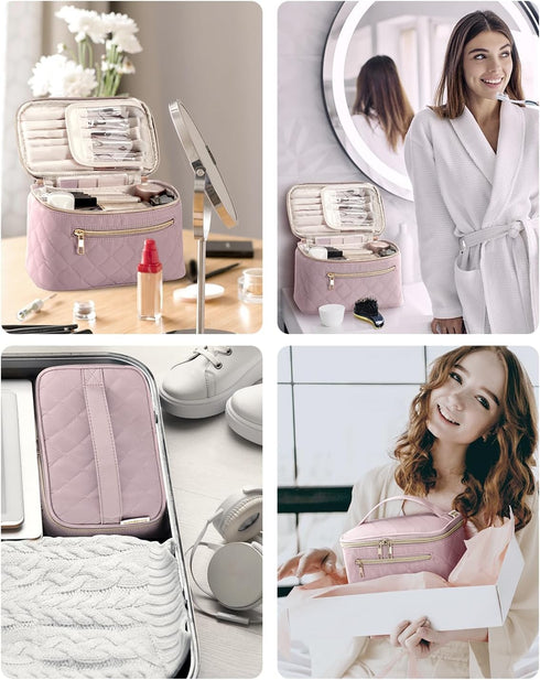 Makeup Bag, Travel Make Up Organizer, Cosmetic Brush Bags Case for Women in Quilted Fabric, Pink (Patent Pending)