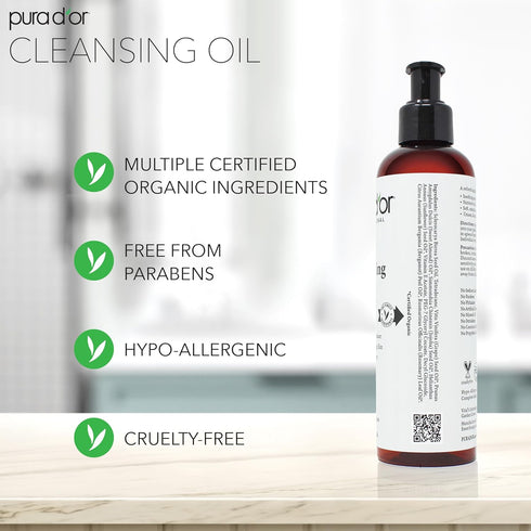 PURA D'OR 8 Oz Facial Cleansing Oil - Nourishing Botanical Blend with Vitamin, Jojoba, Sunflower Oil, Paraben-Free