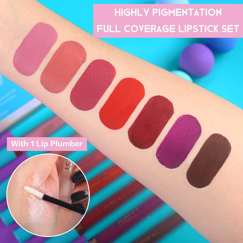 QiBest 7 Matte Liquid Lipstick Set with 1 Lip Plumper Gloss, Long Lasting, High Pigmented, Velvety Waterproof Lipgloss