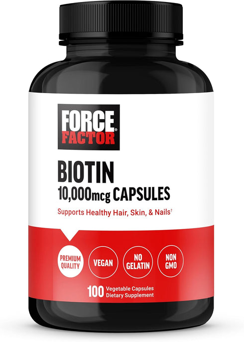 FORCE FACTOR Biotin 10000mcg, 100 Vegetable Capsules - Biotin Supplement for Healthier Hair, Skin, and Nails, Hair
