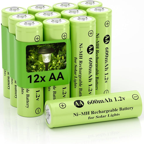 1.2V AA Ni-MH Rechargeable Battery, 600mAh Pre-Charged for Outdoor Solar Lights (AA-600mAh-12pack)