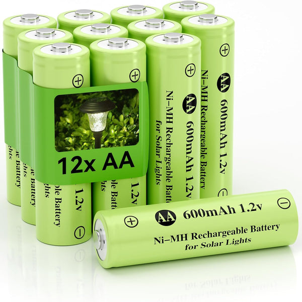 1.2V AA Ni-MH Rechargeable Battery, 600mAh Pre-Charged for Outdoor Solar Lights (AA-600mAh-12pack)