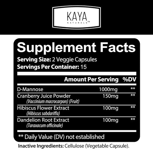 Kaya Naturals - D-Mannose - Urinary Tract UT Cleanse & Bladder Health - Made with Cranberry, Hibiscus & Dandelion Root - D Mannose Capsules Cranberry Supplement - 30 Veggie Capsules