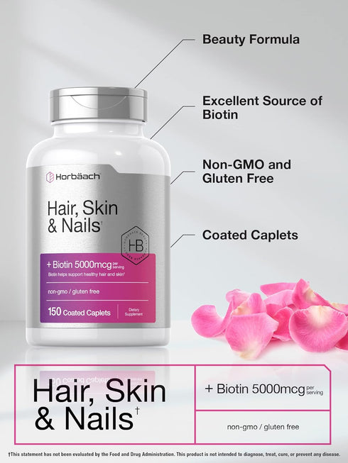 Horbaeach Hair Skin and Nails Vitamins | 150 Caplets with Biotin and Collagen | Non-GMO, Gluten Free Supplement
