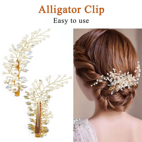 Wedding Pearl Hair Clips (2PCS) - Rhinestone Hair Accessories for Bridal Women in Gold