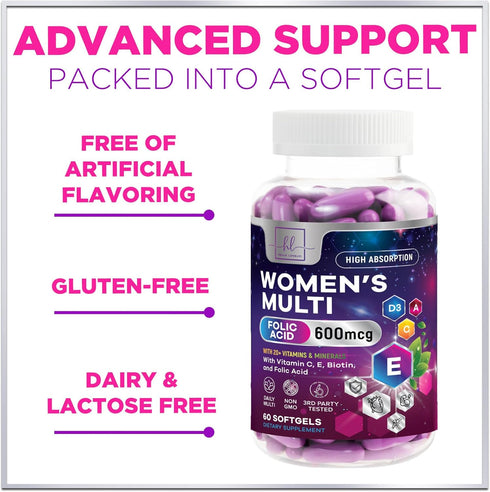 Women's Complete Multivitamin - Once Daily with Vitamin A, B6, B12, C, D, Biotin, Folate, Iron & Zinc - 60 Softgels