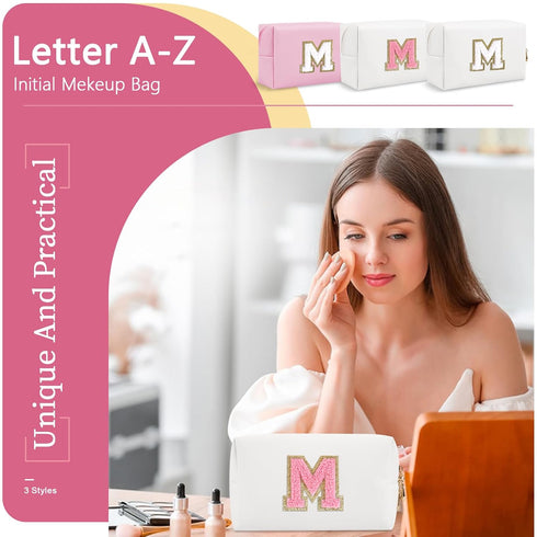 Personalized Initial A-Z Makeup Bag, Small PU Leather Travel Pouch, White Cute Toiletry
