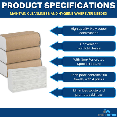 1InTheOffice Multifold Paper Towels (4 Pack) - 1-Ply Paper Hand Towels for Bathroom, 250 Towels/Pack, 9" x 9.45"