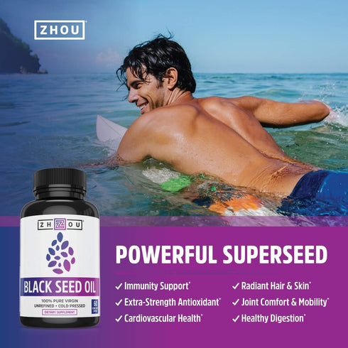 Zhou Nutrition Black Seed Oil Capsules, 100% Virgin, Cold Pressed, 60 Caps | Omega 3 6 9, Super Antioxidant