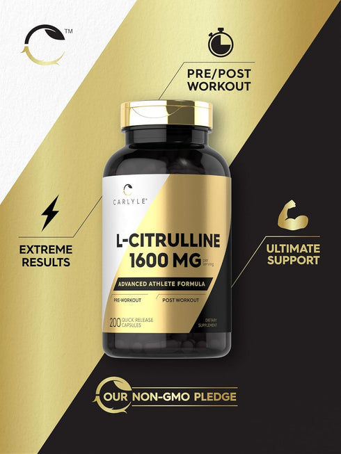 Carlyle L Citrulline Capsules 1600mg, 200 Count, Advanced Athlete Formula, Non-GMO