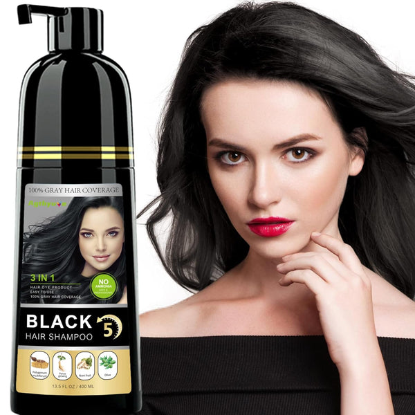 Instant Black Hair Dye Shampoo, 3 in 1 Natural Black Hair Shampoo with Herbs, Cover Greys for Men & Women, 400ml