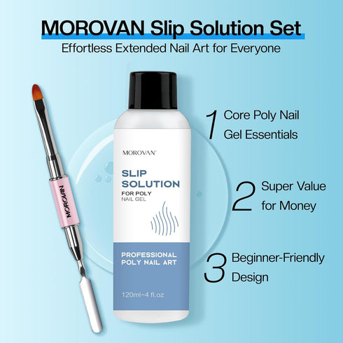 Morovan Poly Gel Slip Solution Kit, 4oz Liquid for Poly Gel Nails with Dual-Ended Brush Pusher for Beginners