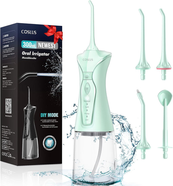 COSLUS Water Dental Flosser Pick, 4 Modes Cordless Portable 300ML Tank, IPX7 Waterproof for Home Travel