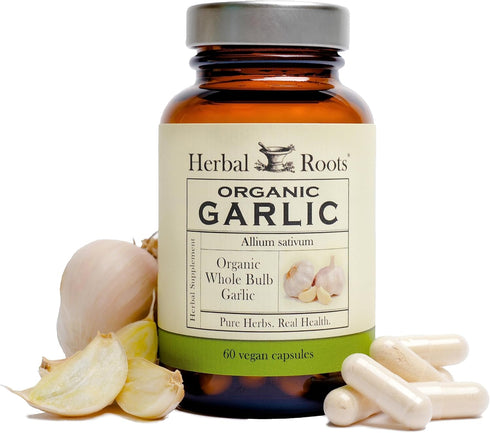 Herbal Roots Organic Whole Bulb Garlic Pills, Extra Strength 600 mg, 60 Vegan Capsules