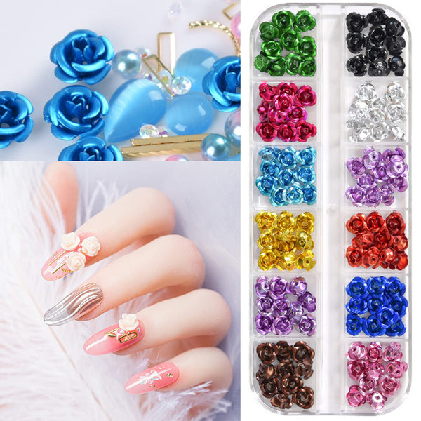 Metal Flowers Nail Art Decorations, 12 Colors Aluminum Glitter Sequins, 3D Flat Back Floral Design for Nail Art Supplies