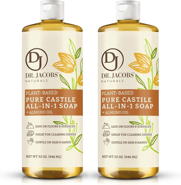 Dr. Jacobs Naturals Almond Castile All-In-One Cleaner and Soap, Plant-Based Formula for House Cleaning (32 Fl Oz, 2