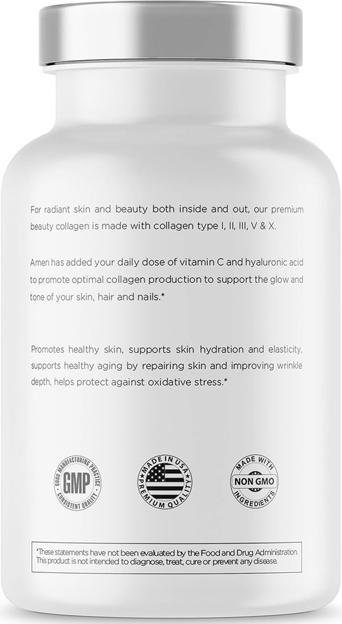 Amen Multi Collagen Peptides Capsules - 90 Pills with Hyaluronic Acid, Vitamin C, 5 Types of Collagen Protein