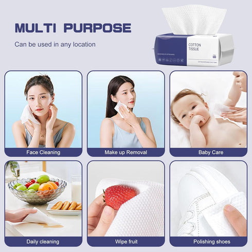 Disposable Face Towel, 100 Count Soft Cotton Dry Wipes for Washing and Cleansing, Facial Tissue for Skincare