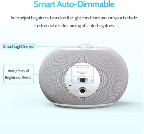 Reacher Auto-Dimmable Sound Machine Alarm Clock with Night Light, 20 Soothing Sounds, Sleep Timer