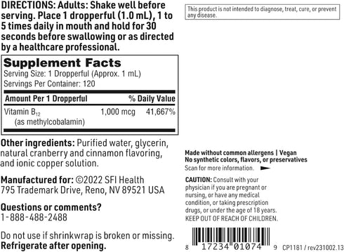 Klaire Labs Vitamin B12 Liquid Drops 1mg - 120 Servings of Methylcobalamin B12 Supplement for Mood & Cognitive Support