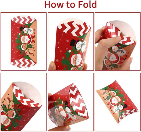 CCINEE Christmas Pillow Boxes - Xmas Candy Boxes with Red Ribbons, Santa Elk Gift Card Holder, 50PCS