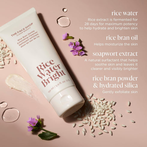 The Face Shop Rice Water Bright Gentle Exfoliating Cleanser, Hydrating & Moisturizing Face Wash, Vegan