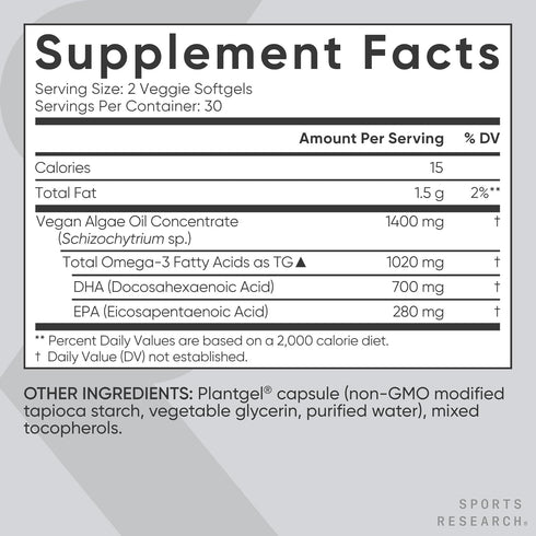 Sports Research Vegan Omega-3 Fish Oil Alternative from Algae Oil - 60 Veggie Softgels, Highest Levels of DHA & EPA