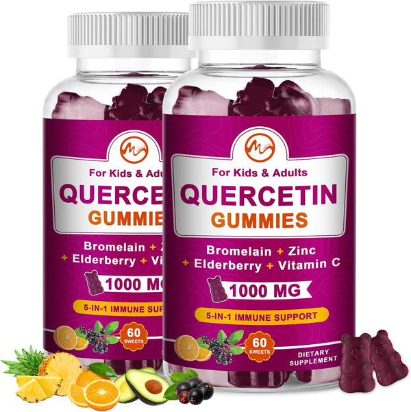 (2 Pack) Quercetin Gummies with Bromelain - Elderberry, Zinc, and Vitamin C, Chewable Quercetin 1000 mg Supplement for
