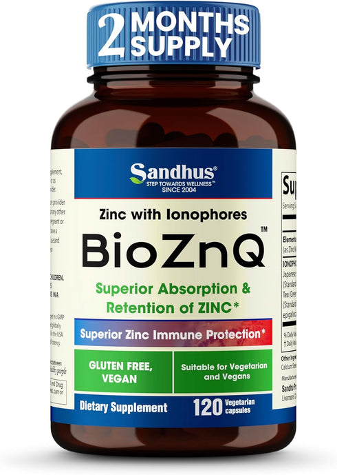 Sandhu's Zinc Supplement with Ionophores, Quercetin & Green Tea Extract, 900mg Vegetarian Capsules, 60 Days Supply
