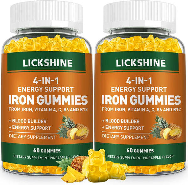 2 Pack Vegan Iron Supplement Gummies 100MG for Women & Men - Peach Flavor, with Vitamin C, A, B, 120 Ct