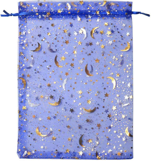 SUNGULF 100Pcs Blue Sheer Organza Drawstring Pouches with Stars and Moon for Wedding Party Favor Bags