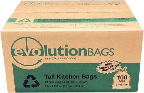 **NEW** Evolution Trash Bag Tall Kitchen DRAWSTRING (100 bags/box) - Made with 70% CERTIFIED PCR Material