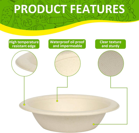 Paper Bowls, 100% Compostable Disposable Soup/Salad Bowls 12 Oz 125 Pack, PFAS-Free BPI Certified Eco-Friendly Hot/Cold Food Bowls, Natural Brown by baulike