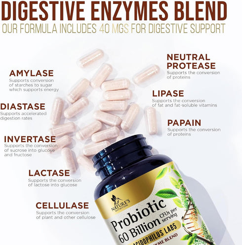 Probiotics 60 Billion CFU - 10 Probiotic Strains, Prebiotics, & Digestive Enzymes - Supports Immune & Digestive Health