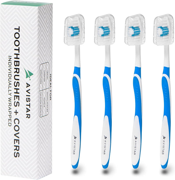4 Pack Medium Bristle Toothbrushes for Adults - Individually Wrapped with Covers, Blue