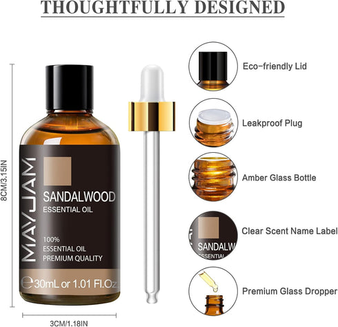 Sandalwood Essential Oil, 1.01FL.OZ, MAYJAM Premium Aromatherapy Oil for Diffuser, Candle Making, Home Use