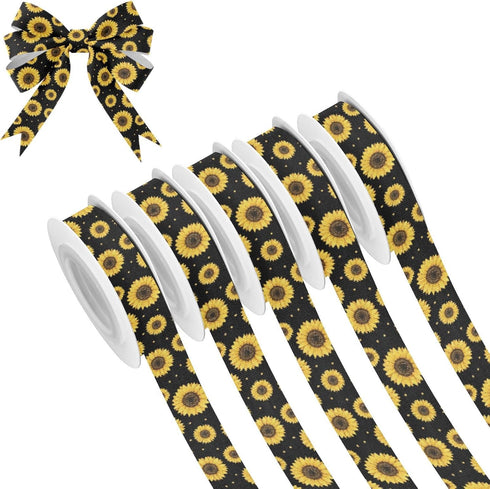YKZEYK Ribbon for Gift Wrapping Floral Sunflowers Dots Black Pattern Fabric Ribbon 1/2"