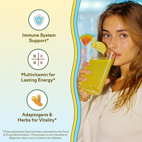 Feel Goods Immunity Icon - Vitamin C & Zinc Powder Packets, Immune Support Drink Mix, Natural Energy, Sugar Free, Plants & Adaptogens - Peach Lemonade, 0.1 Ounce Packets (Pack of 15)
