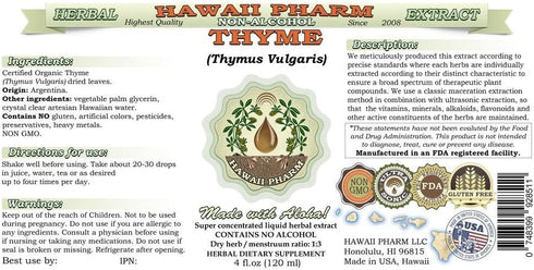 Hawaii Pharm Thyme Alcohol-Free Liquid Extract, Organic Thyme (Thymus Vulgaris) Dried Leaf Glycerite, 2 fl.oz