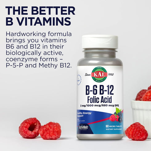 KAL Vitamin B-6, B-12 & Folic Acid Supplement, Heart Health, Energy Support, Natural Berry Flavor, 60 Servings