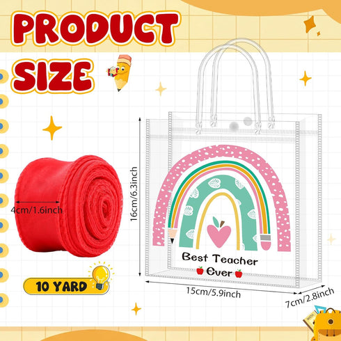 Shinylin 24 Pcs Teachers' Day Clear Gift Bags with Handles Ribbon Reusable Clear PVC Teacher Appreciation Gifts Bags