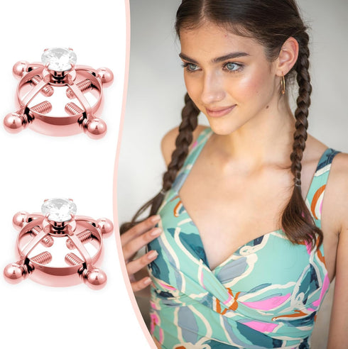 Quilax Stainless Steel Fake Nipple Rings, Adjustable Nipple Jewelry Non Piercing, Rose Gold Nipples Clips for Adult