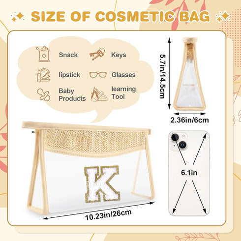 Personalized Initial Letter Bag Boho Straw Clear Makeup Bag,Small Cute Chenille Varsity Letter Bag With Zipper,Beach Travel Toiletry Bag,Portable Monogrammed Cosmetic Bag for Women Girls,K