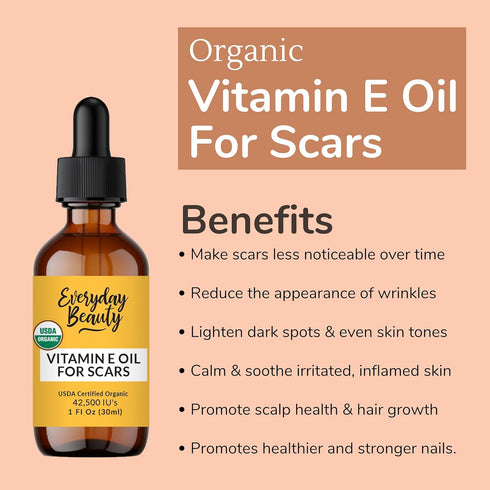 Organic Vitamin E Oil for Scars - All Natural & Vegan Skin Moisturizer 1oz - Light and Unscented for Scars, Wrinkles,