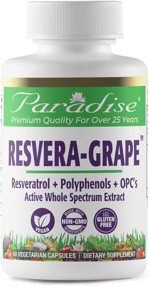 Paradise Herbs Resveragrape - Resveratrol + Polyphenols + OPCs, Super Potent, Ultra Pure, 60 Vegetarian Capsules