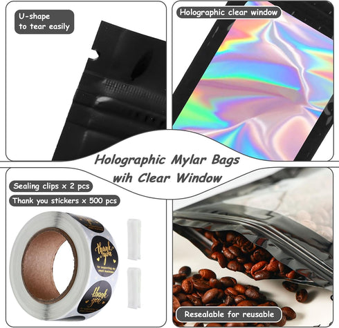 150-pack 5 x 8 in Holographic Mylar Bags with Clear Window Resealable Foil Pouches for Food Storage Smell Proof Edible Packaging Zip Bag for Cookies, Jewelry and Small Business, Thank You Stickers