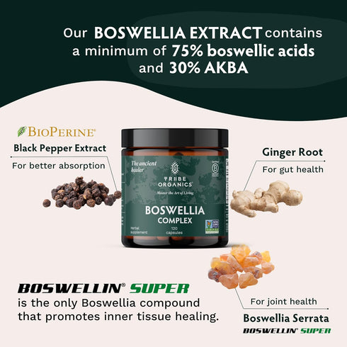 TRIBE ORGANICS Boswellia Serrata Complex Supplement for Joint Support & Muscle Relief - Vegetarian Non-GMO 120 Capsules